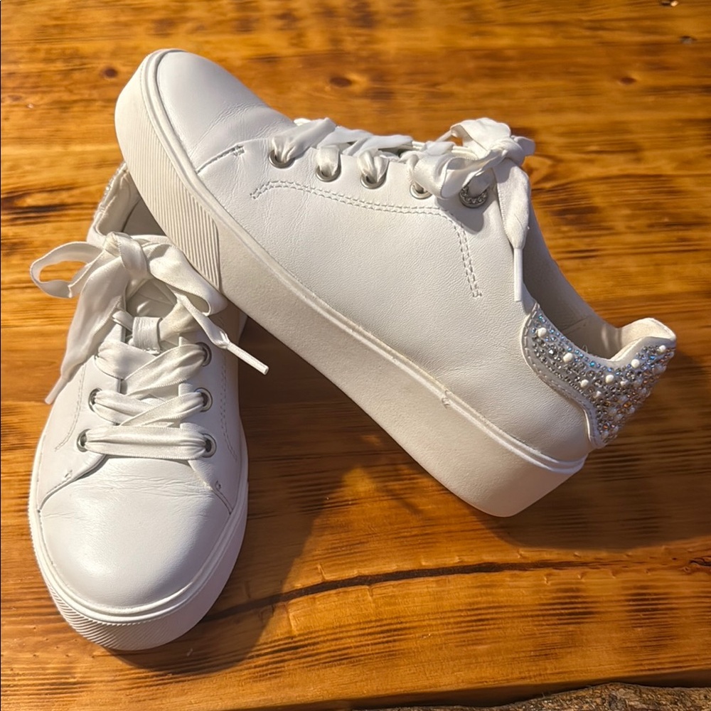 Women's White Platform Sneakers with Rhinestone and Pearl Detail